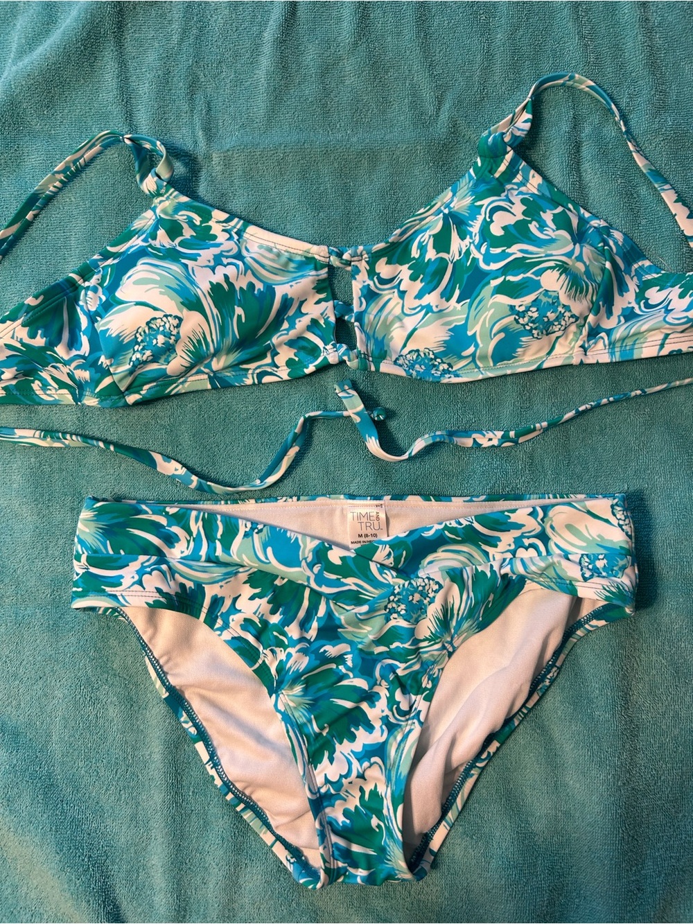 Time and Tru Teal and White Floral Bikini
